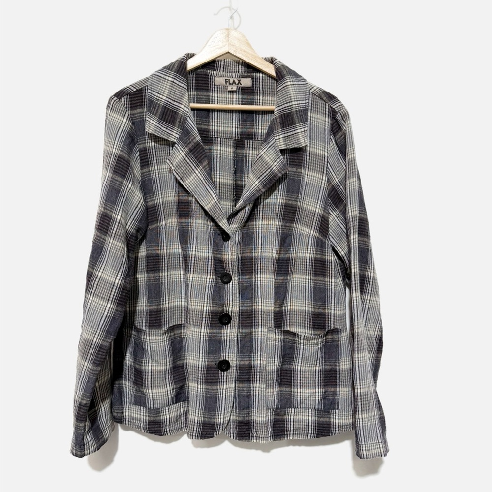 Flax Women’s Plaid Button-Front Blazer Jacket Black & Gray Plaid Linen Size S